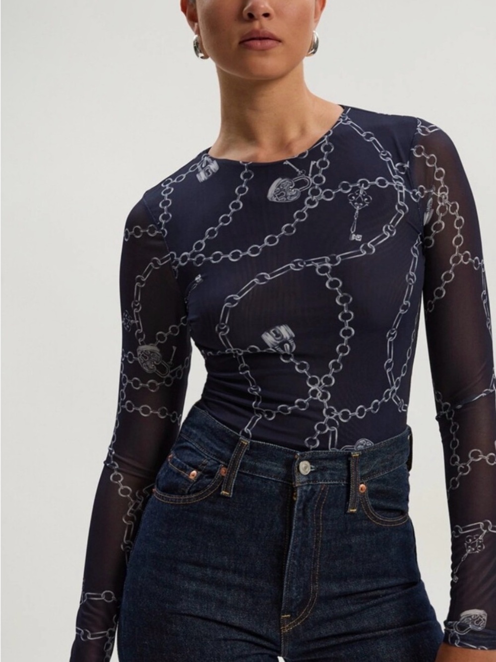Karen Millen Navy Sheer Chain-Print Long Sleeve Top